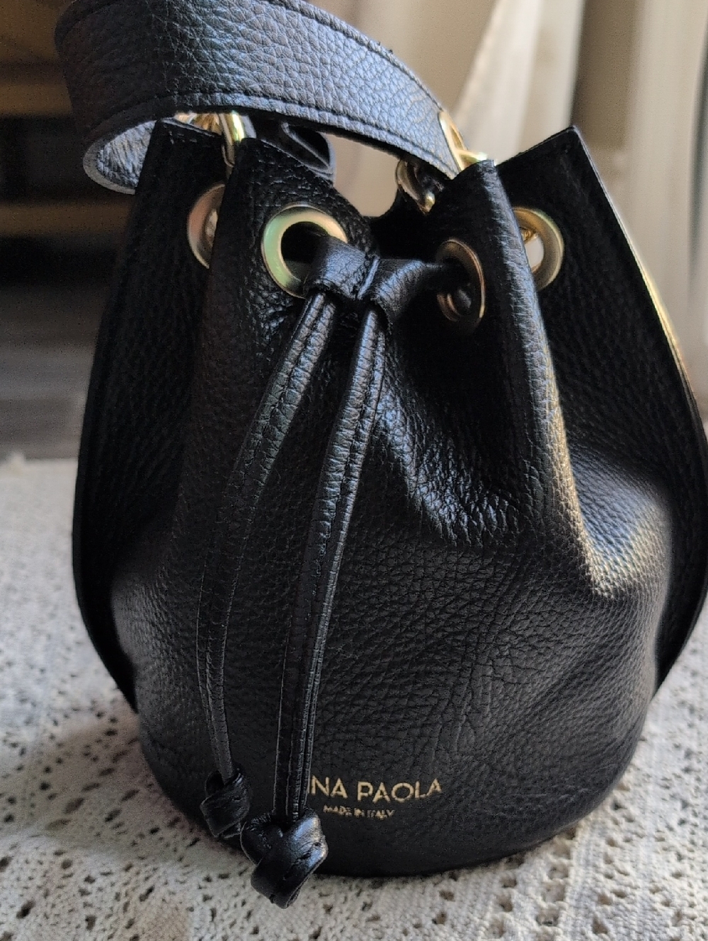 Anna Paola Black Pebbled Leather Mini Bucket Bag